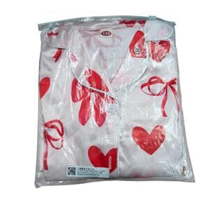 Satin Pink Heart Bow Printed Pajama Set Feather Cuffs Girl Kids 130